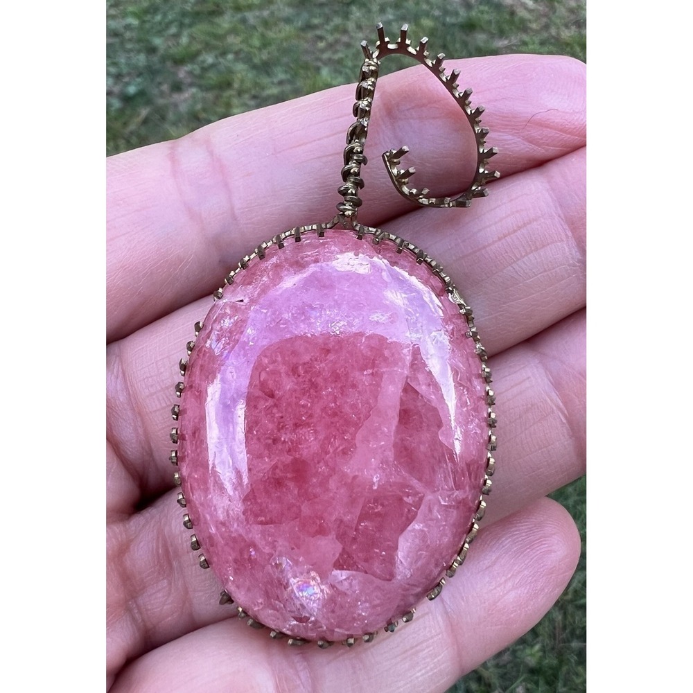 Large Natural Rhodochrosite Pendant Pink Stone Brass Setting Statement OOAK 42mm